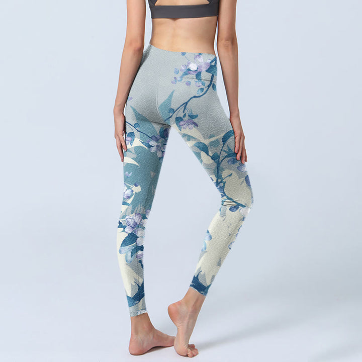 Pantalon de yoga pour femme avec imprimé fleurs blanches et bleues et Buddha Stones - image 4