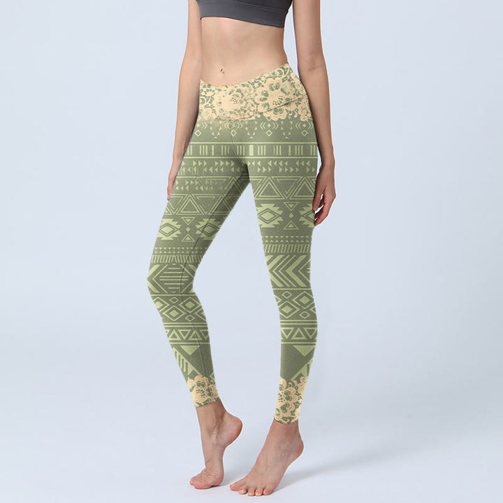 Leggings de sport pour femmes Buddha Stones et fleurs et formes géométriques - JauneVert - US18，UK/AU22，EU50 (4XL) - image 0