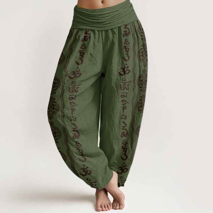 Pantalon harem à taille élastique pour femme, en coton, motif mandala de Buddha Stones et Om Mani Padme Hum - Vert olive foncé - US22，UK/AU26，EU54 (6XL) - image 4