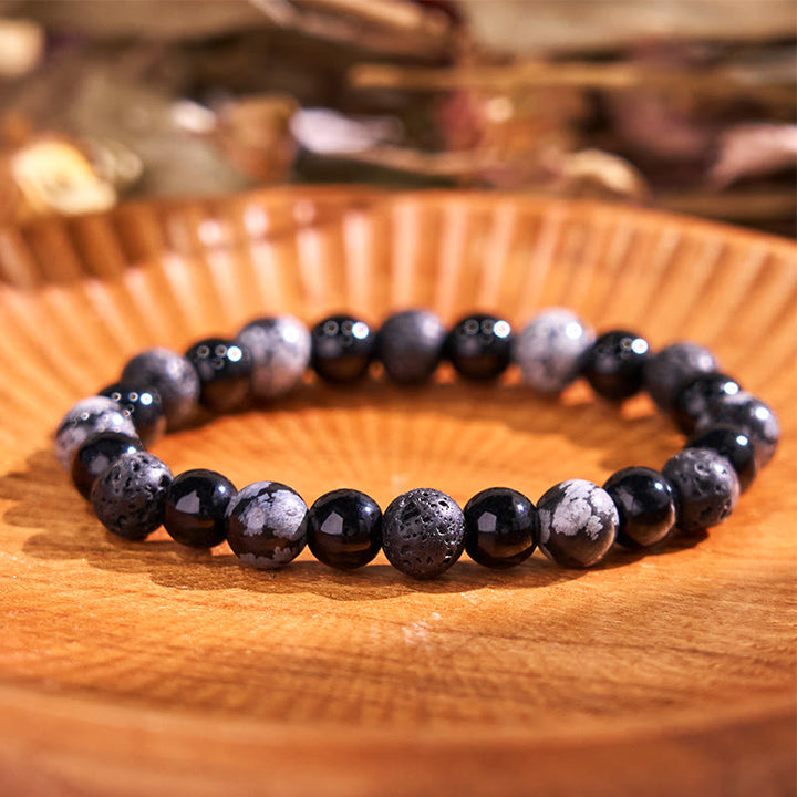 Bracelet de sérénité en pierre de Bouddha, cristaux variés, malachite, lazurite, lapis-lazuli et hémimorphite - Perles de verre noir en obsidienne flocon de neige et roche de lave (Tour de poignet : 14-16 cm) - image 161