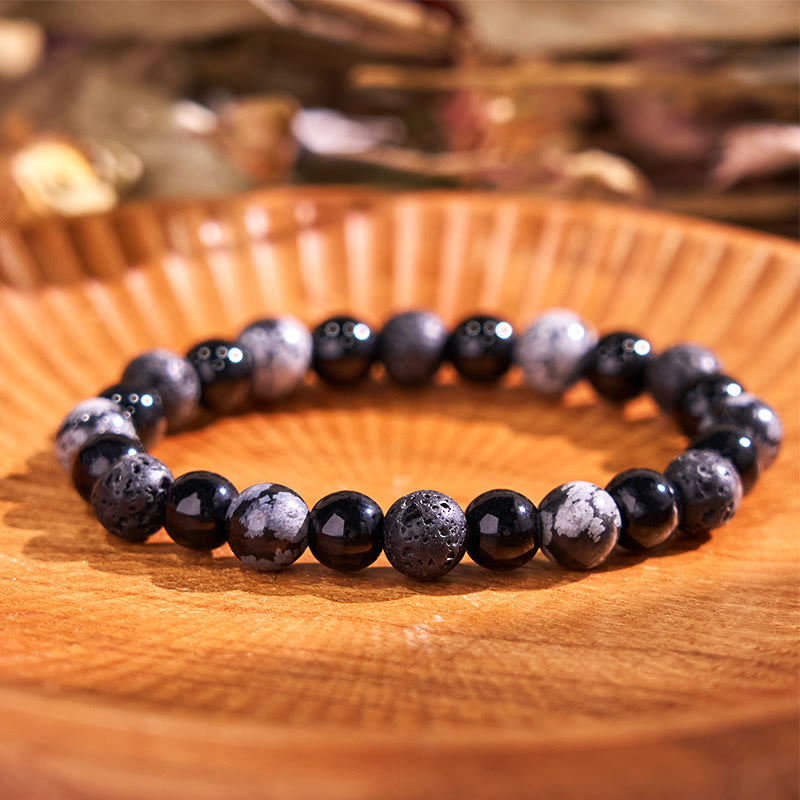 Bracelet de sérénité en pierre de Bouddha, cristaux variés, malachite, lazurite, lapis-lazuli et hémimorphite - Perles de verre noir en obsidienne flocon de neige et roche de lave (Tour de poignet : 14-16 cm) - image 161