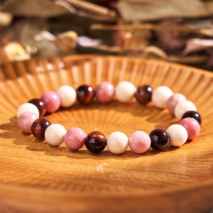 Bracelet de sérénité en pierre de Bouddha, cristaux variés, malachite, lazurite, lapis-lazuli et hémimorphite - Œil de tigre rouge en rhodonite blanche (Tour de poignet : 14-16 cm) - image 164