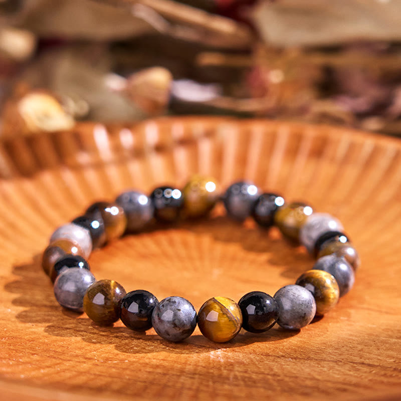 Bracelet de sérénité en pierre de Bouddha, cristaux variés, malachite, lazurite, lapis-lazuli et hémimorphite - Perles de verre noir en pierre œil de tigre à paillettes (Tour de poignet : 14-16 cm) - image 159