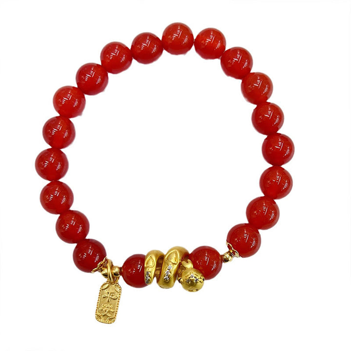 Bracelet de confiance en cuivre plaqué or Buddha Stones, agate rouge, paix et joie, plaque de sécurité, année du serpent