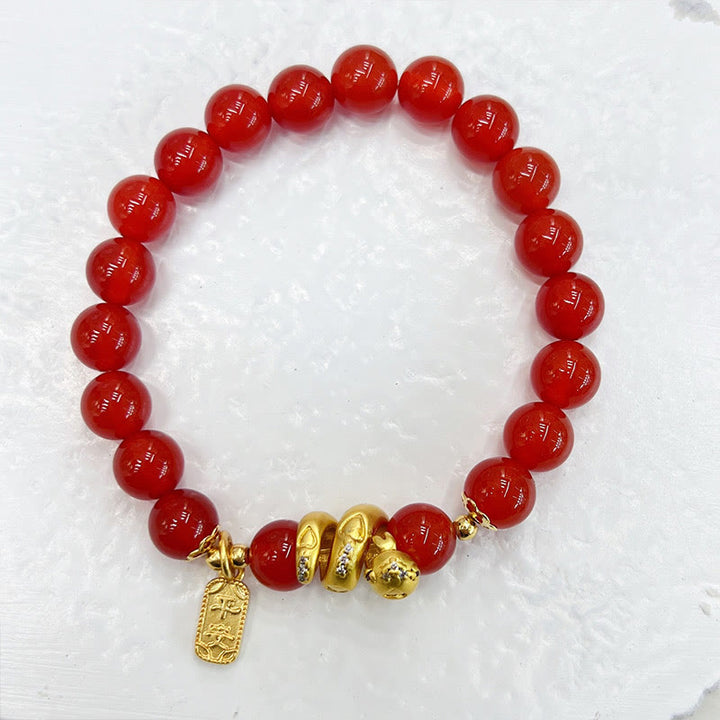 Bracelet de confiance en cuivre plaqué or Buddha Stones, agate rouge, paix et joie, plaque de sécurité, année du serpent