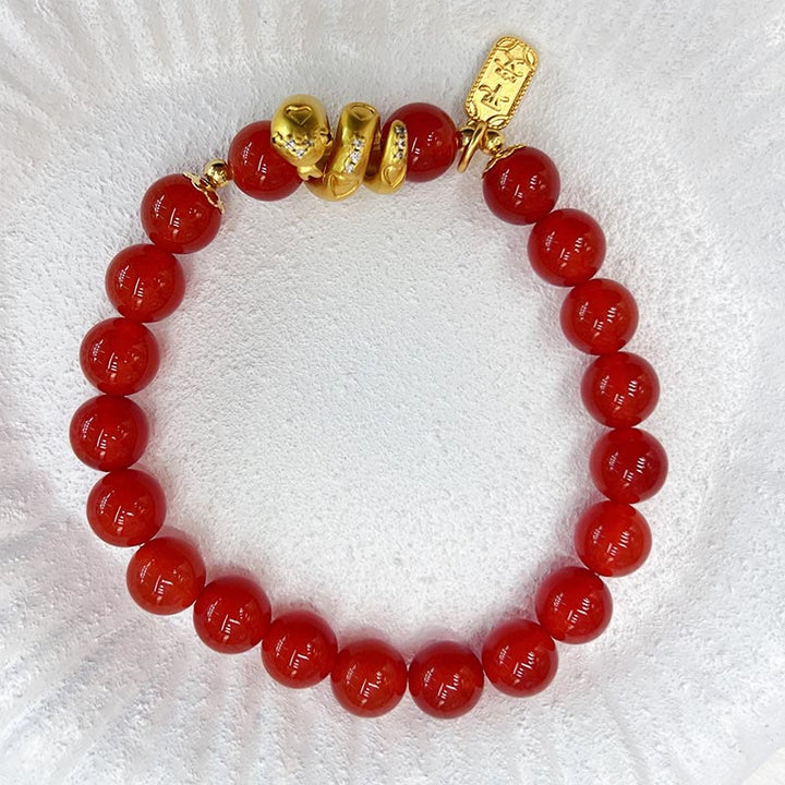 Bracelet de confiance en cuivre plaqué or Buddha Stones, agate rouge, paix et joie, plaque de sécurité, année du serpent
