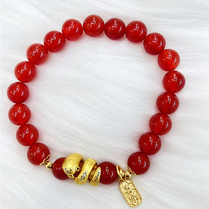Bracelet de confiance en cuivre plaqué or Buddha Stones, agate rouge, paix et joie, plaque de sécurité, année du serpent