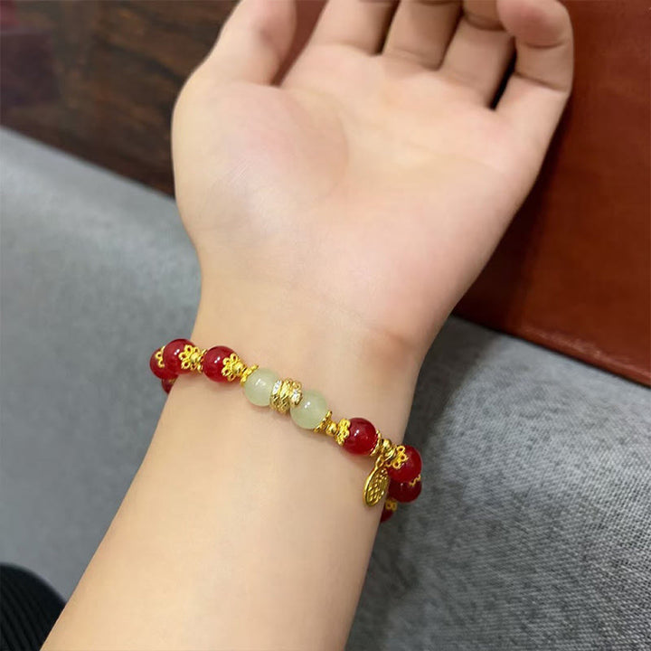 Bracelet calme en Buddha Stones, agate rouge, jade, personnage Fu, année du serpent