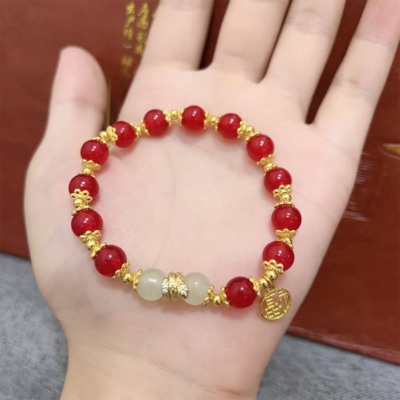 Bracelet calme en Buddha Stones, agate rouge, jade, personnage Fu, année du serpent