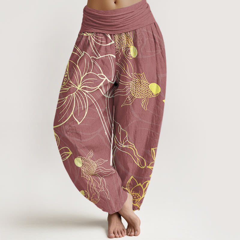 Pantalon Buddha Stones à taille élastique pour femme avec motif de feuilles de lotus et de poissons koï - Rouge violet pâle - US22，UK/AU26，EU54 (6XL) - image 8