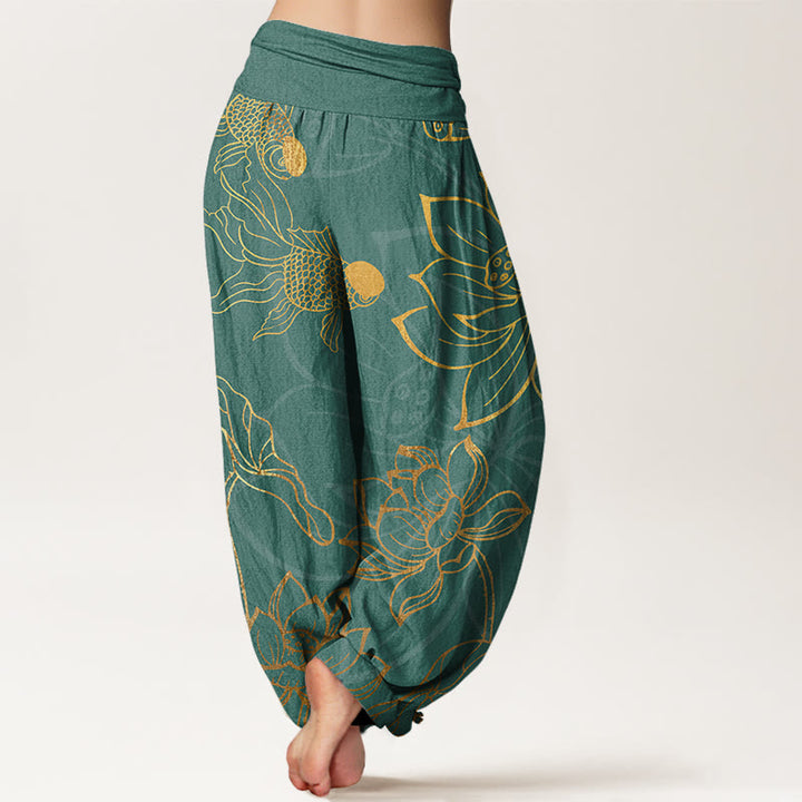 Pantalon Buddha Stones à taille élastique pour femme avec motif de feuilles de lotus et de poissons koï - image 2