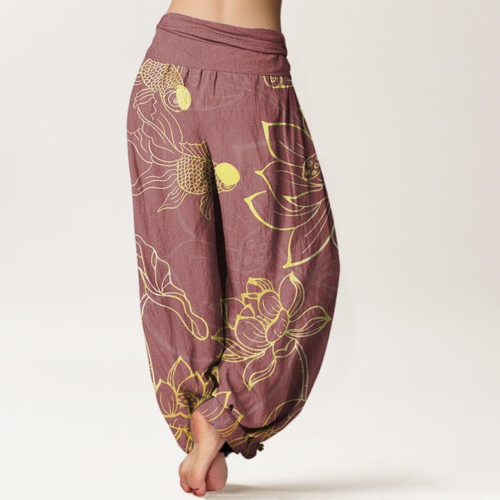 Pantalon harem à taille élastique pour femme , Buddha Stones, coton, feuille de lotus et carpe koï - image 9