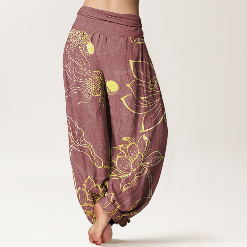 Pantalon Buddha Stones à taille élastique pour femme avec motif de feuilles de lotus et de poissons koï - image 10