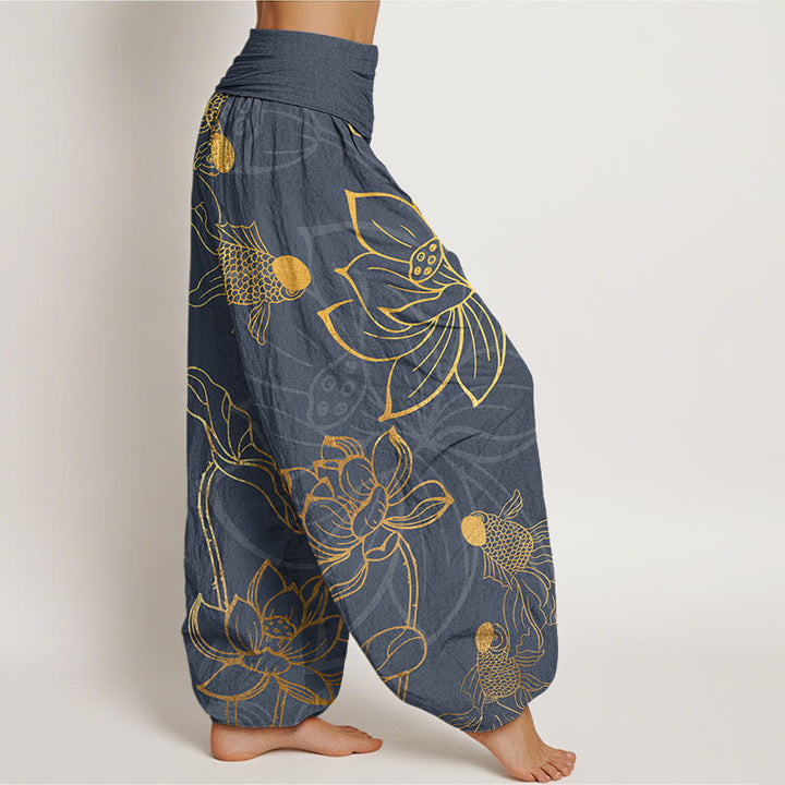 Pantalon Buddha Stones à taille élastique pour femme avec motif de feuilles de lotus et de poissons koï - image 6