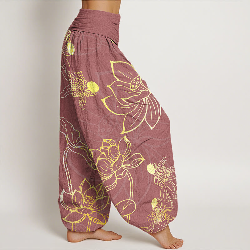 Pantalon harem à taille élastique pour femme , Buddha Stones, coton, feuille de lotus et carpe koï - image 8
