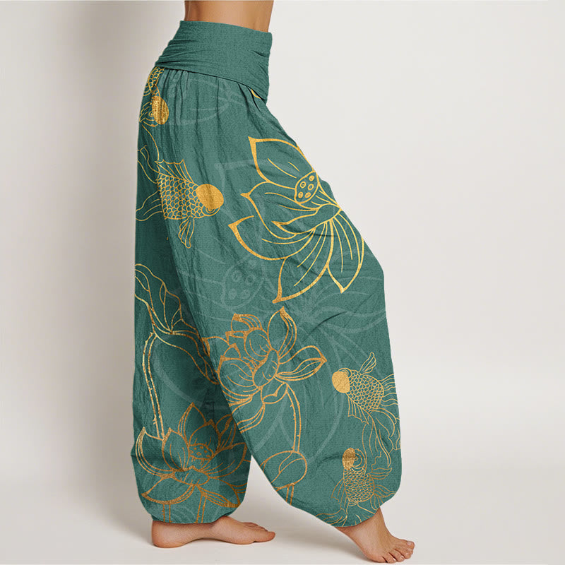 Pantalon harem à taille élastique pour femme , Buddha Stones, coton, feuille de lotus et carpe koï - image 1