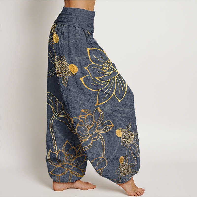 Pantalon harem à taille élastique pour femme , Buddha Stones, coton, feuille de lotus et carpe koï - image 5