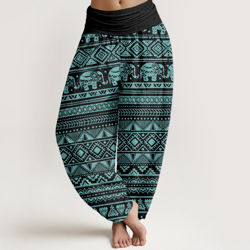 Pantalon harem décontracté en coton à motif géométrique d'éléphant et Buddha Stones , taille élastique, pour femme - Turquoise moyen - US22，UK/AU26，EU54 (6XL) - image 7