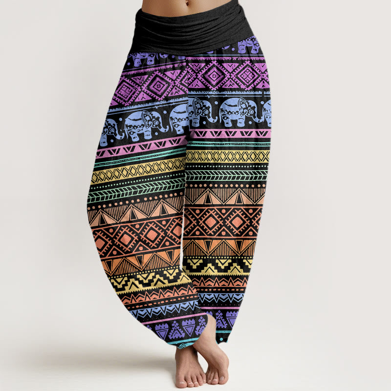 Pantalon harem décontracté en coton à motif géométrique d'éléphant et Buddha Stones , taille élastique, pour femme - Noir - US22，UK/AU26，EU54 (6XL) - image 0