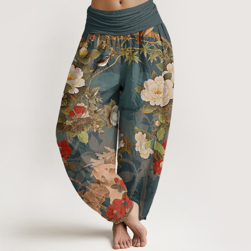 Pantalon harem décontracté en coton à motif de Buddha Stones et feuilles, style pie, taille élastique. - Sarcelle - US22，UK/AU26，EU54 (6XL) - image 0