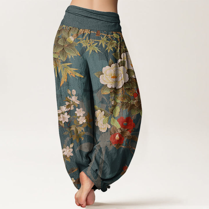Pantalon harem décontracté en coton à motif de Buddha Stones et feuilles, style pie, taille élastique. - image 2