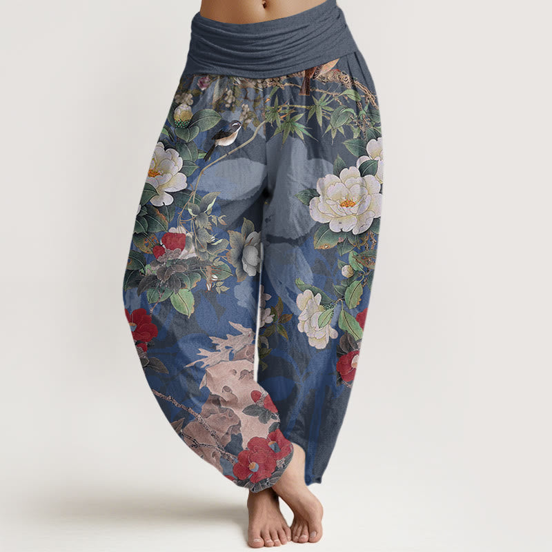 Pantalon harem décontracté en coton à motif de Buddha Stones et feuilles, style pie, taille élastique. - SteelBlue - US22，UK/AU26，EU54 (6XL) - image 7