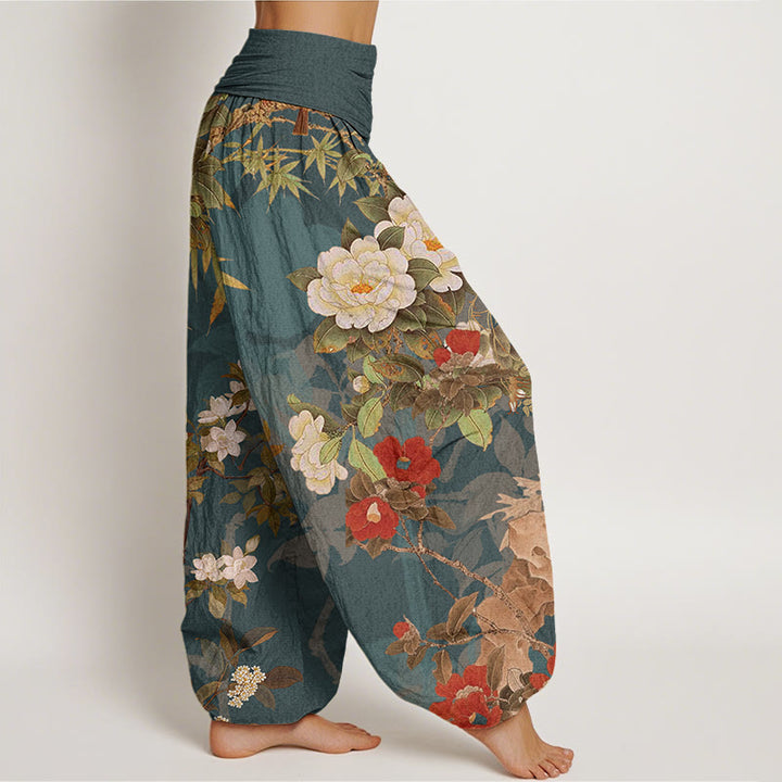 Pantalon harem décontracté en coton à motif de Buddha Stones et feuilles, style pie, taille élastique. - image 1