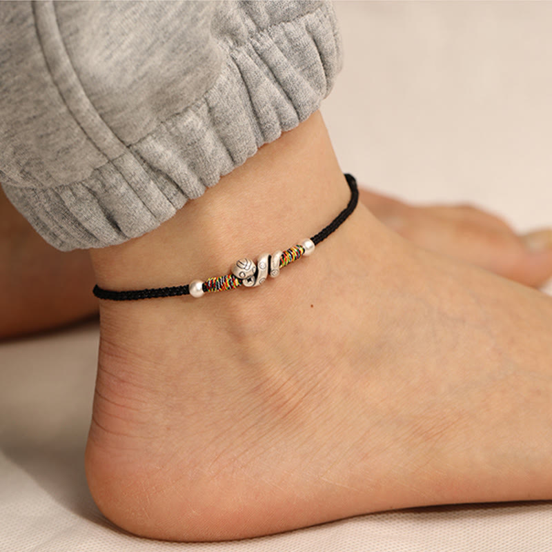 Bracelet de cheville en argent sterling 999 avec Buddha Stones et fil rouge Année du serpent - Corde noire - image 12