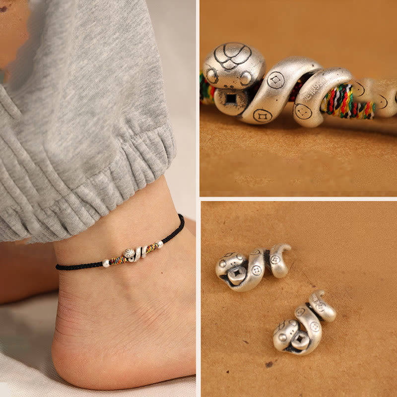 Bracelet de cheville en argent sterling 999 avec Buddha Stones et fil rouge Année du serpent
