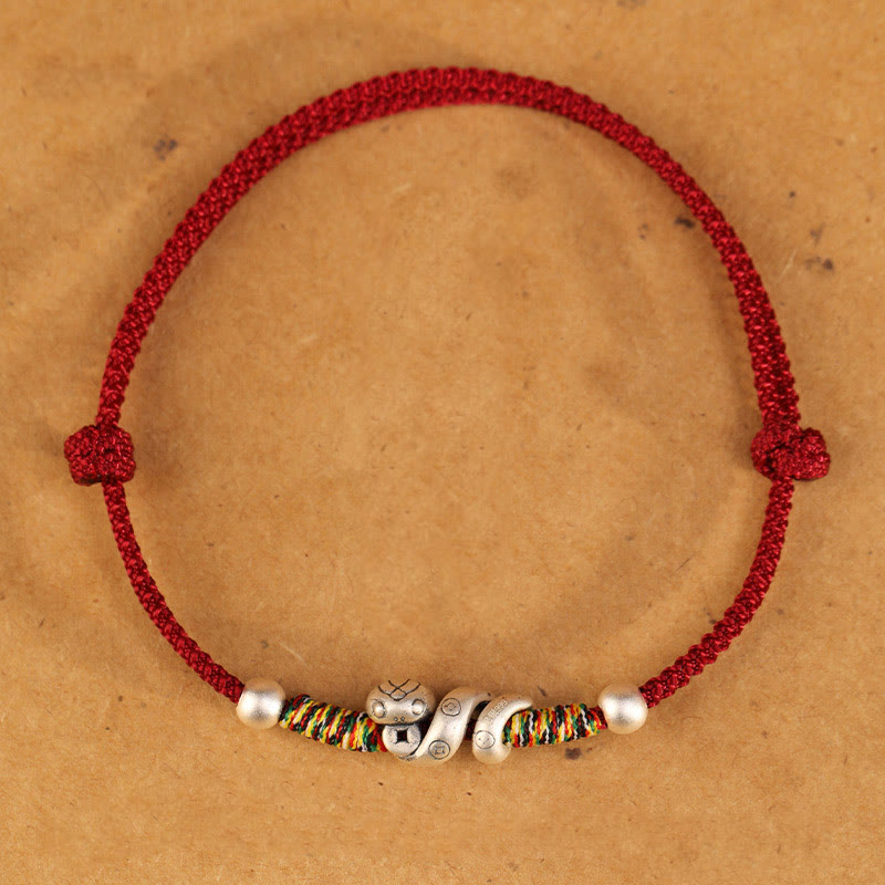 Bracelet de cheville en argent sterling 999 avec Buddha Stones et fil rouge Année du serpent
