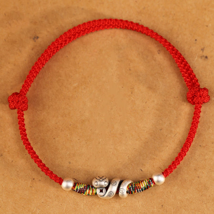 Bracelet de cheville en argent sterling 999 avec Buddha Stones et fil rouge Année du serpent