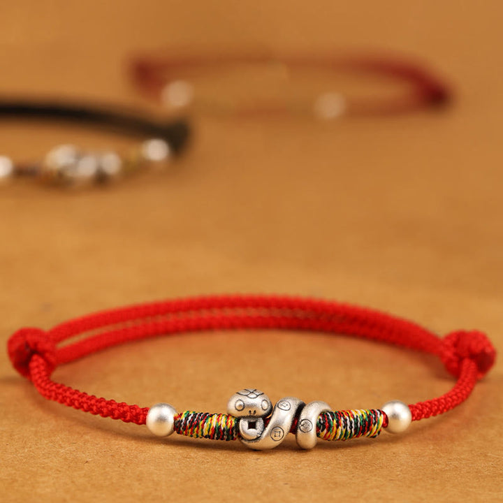 Bracelet de cheville en argent sterling 999 avec Buddha Stones et fil rouge Année du serpent