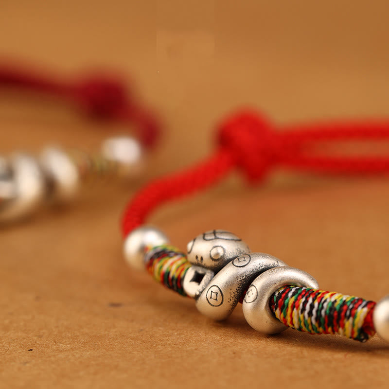 Bracelet de cheville en argent sterling 999 avec Buddha Stones et fil rouge Année du serpent