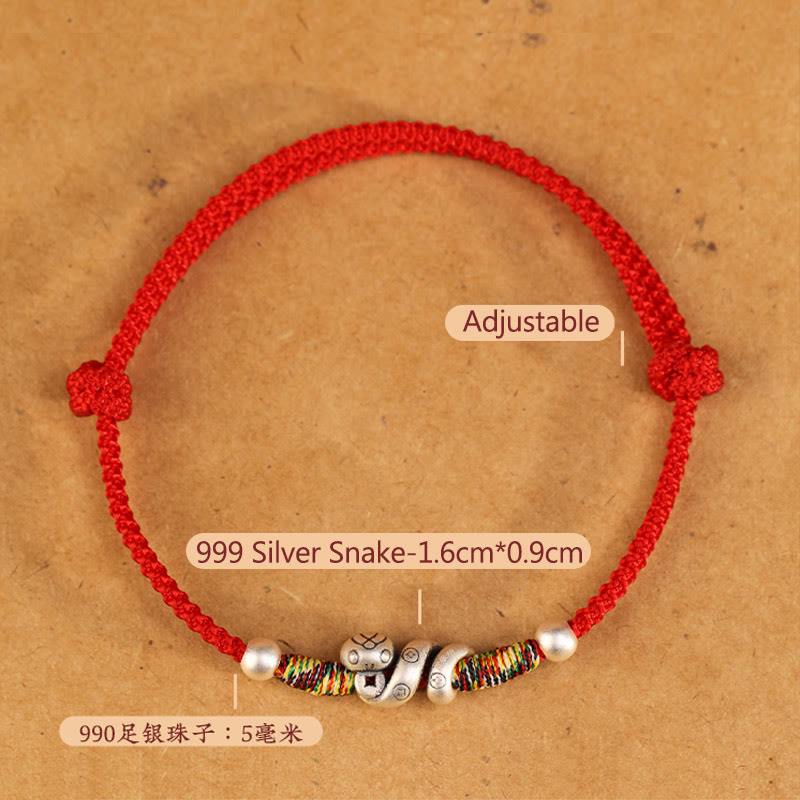 Bracelet de cheville en argent sterling 999 avec Buddha Stones et fil rouge Année du serpent