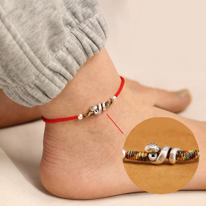 Bracelet de cheville en argent sterling 999 avec Buddha Stones et fil rouge Année du serpent