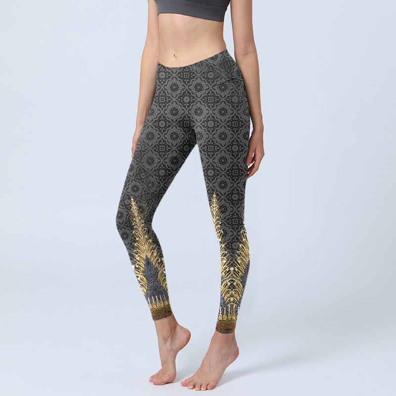 Leggings de sport à imprimé géométrique en plumes dorées gris foncé Buddha Stones Pantalon de yoga pour femme - Gris terne - US18，UK/AU22，EU50 (4XL) - image 0