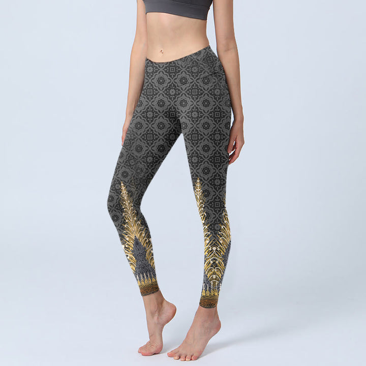 Leggings de sport à imprimé géométrique en plumes dorées gris foncé Buddha Stones Pantalon de yoga pour femme - Gris terne - US18，UK/AU22，EU50 (4XL) - image 0