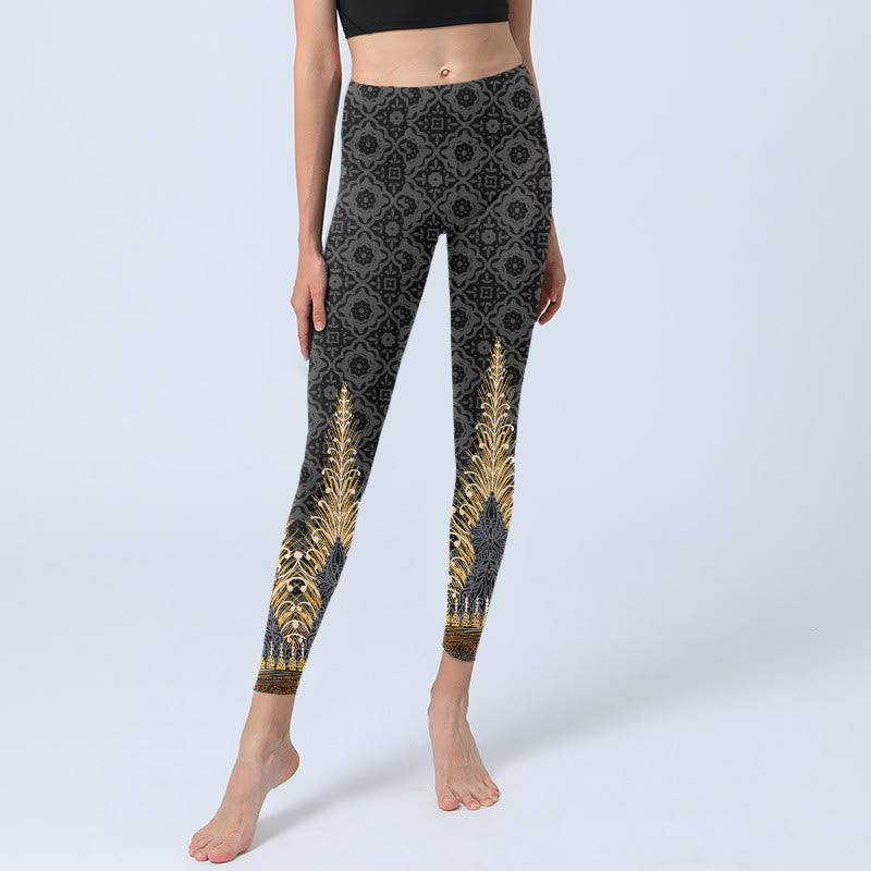 Leggings de sport à imprimé géométrique en plumes dorées gris foncé Buddha Stones Pantalon de yoga pour femme - image 6