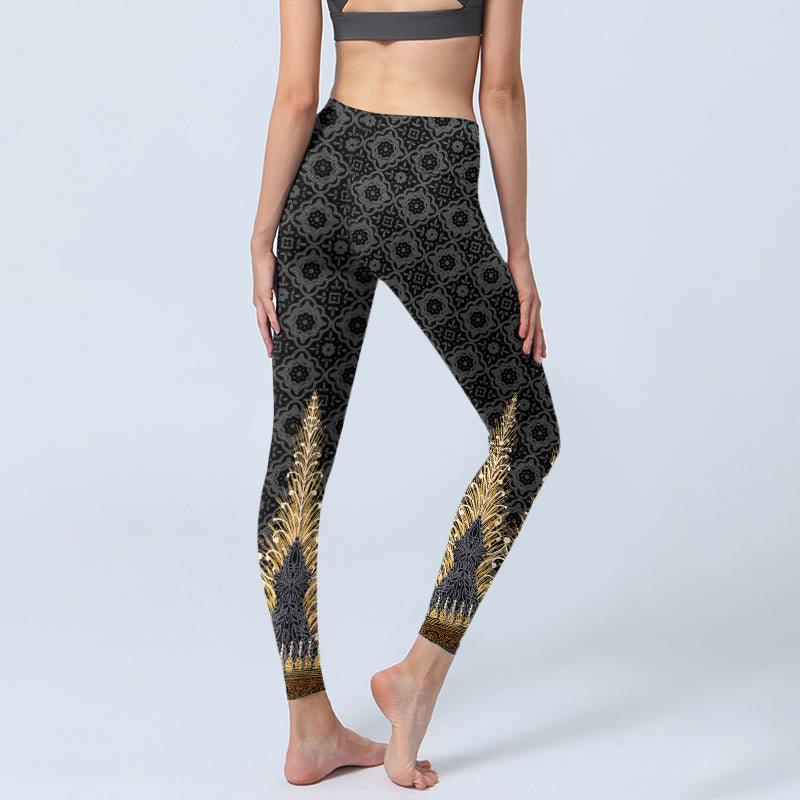 Leggings de sport à imprimé géométrique en plumes dorées gris foncé Buddha Stones Pantalon de yoga pour femme - image 5