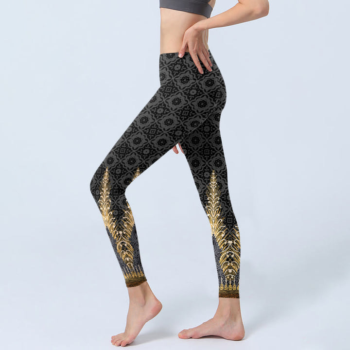 Leggings de sport à imprimé géométrique en plumes dorées gris foncé Buddha Stones Pantalon de yoga pour femme - image 3