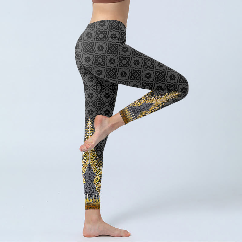 Leggings de sport à imprimé géométrique en plumes dorées gris foncé Buddha Stones Pantalon de yoga pour femme - image 4