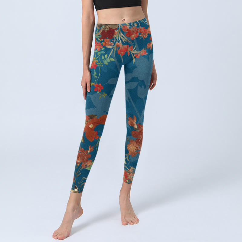 Leggings de sport à imprimé Buddha Stones Bleu Rouge Fleurs Oiseaux Pantalon de yoga pour femme - image 6