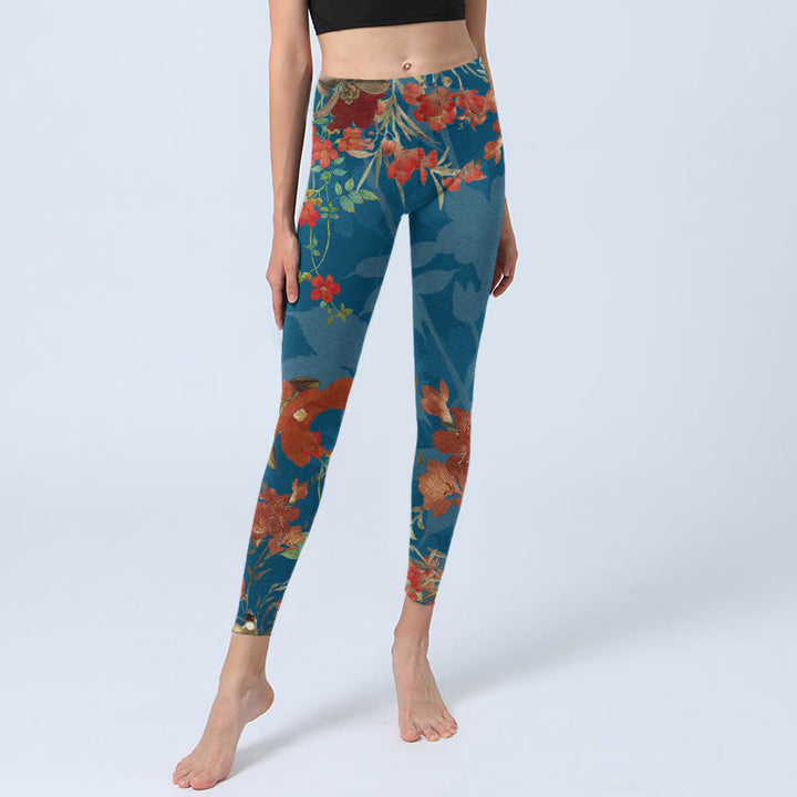 Leggings de sport à imprimé Buddha Stones Bleu Rouge Fleurs Oiseaux Pantalon de yoga pour femme - image 6