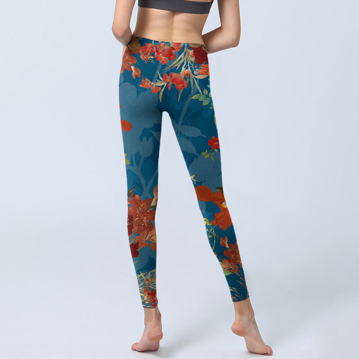 Leggings de sport à imprimé Buddha Stones Bleu Rouge Fleurs Oiseaux Pantalon de yoga pour femme - image 6