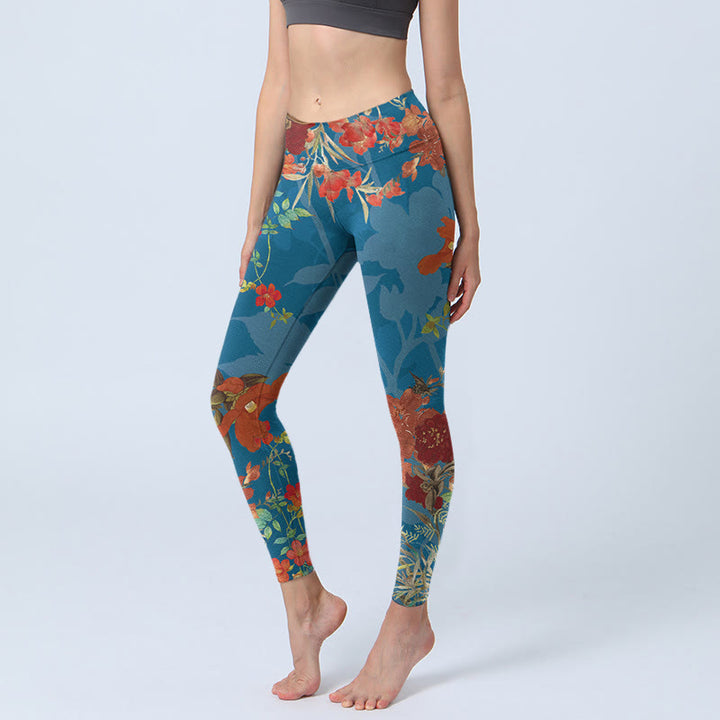 Leggings de sport à imprimé Buddha Stones Bleu Rouge Fleurs Oiseaux Pantalon de yoga pour femme - Bleu acier - US18，UK/AU22，EU50 (4XL) - image 1