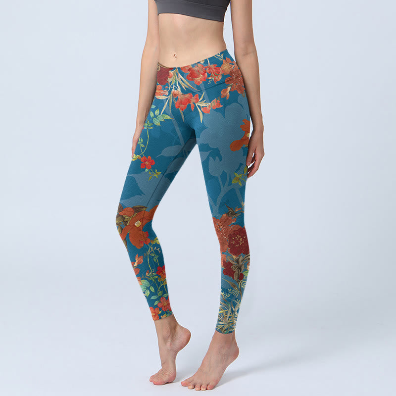 Leggings de sport à imprimé Buddha Stones Bleu Rouge Fleurs Oiseaux Pantalon de yoga pour femme - SteelBlue - US18，UK/AU22，EU50 (4XL) - image 0