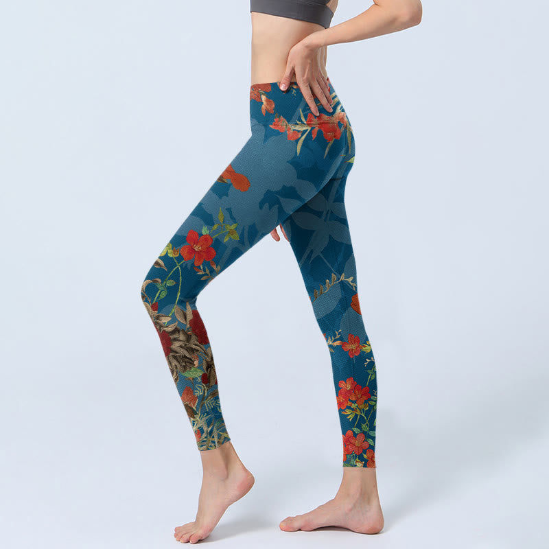 Leggings de sport à imprimé Buddha Stones Bleu Rouge Fleurs Oiseaux Pantalon de yoga pour femme - image 2