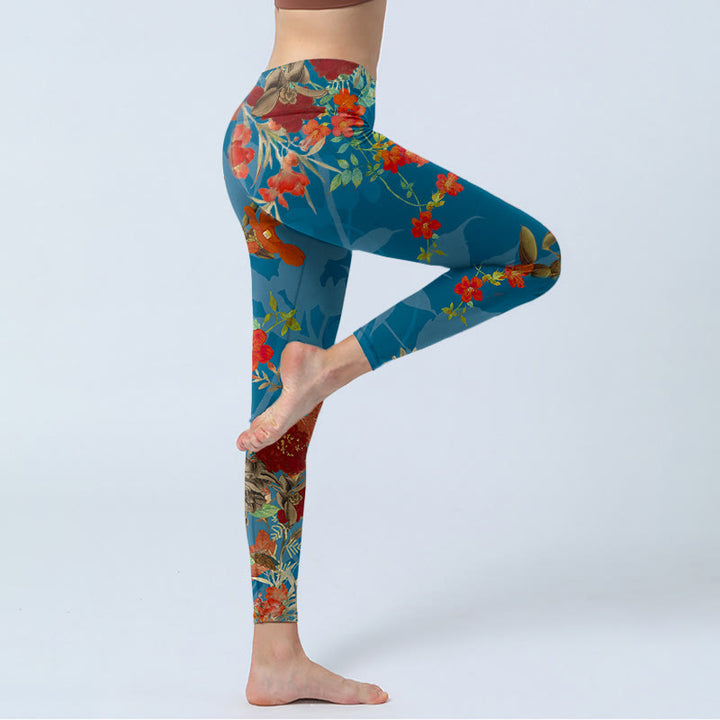 Leggings de sport à imprimé Buddha Stones Bleu Rouge Fleurs Oiseaux Pantalon de yoga pour femme - image 3