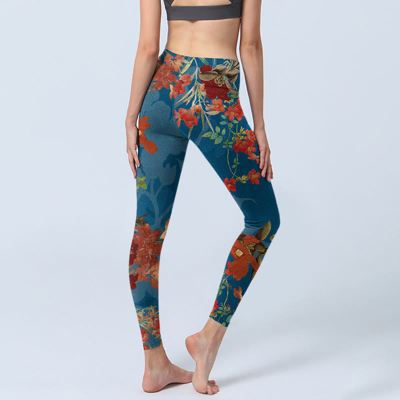 Leggings de sport à imprimé Buddha Stones Bleu Rouge Fleurs Oiseaux Pantalon de yoga pour femme - image 5