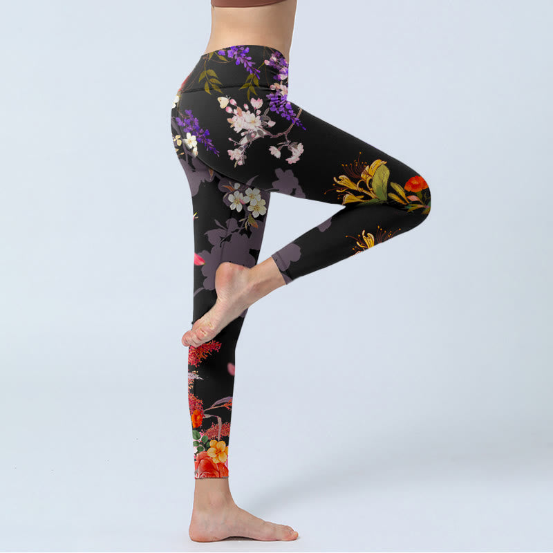 Leggings de sport à imprimé fleurs colorées noires Buddha Stones Pantalon de yoga pour femme - image 4